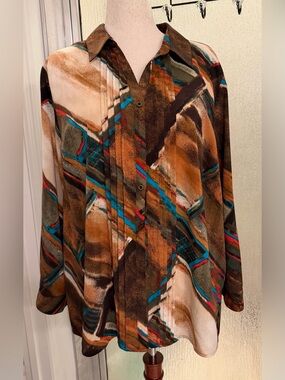 Catherines Abstract Geo-Print Blouse in Brown Teal Red
